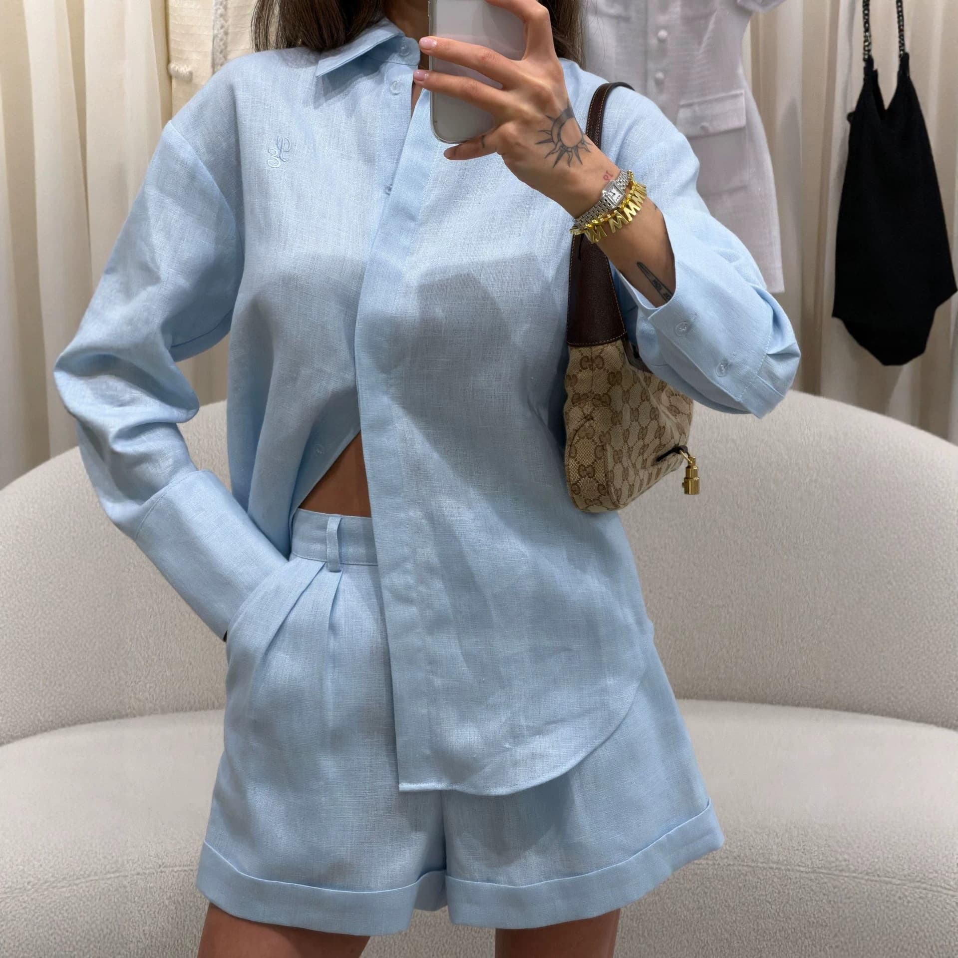 Casual Solid-color Long-sleeve Shirt And High-waisted Wide-leg Shorts Set