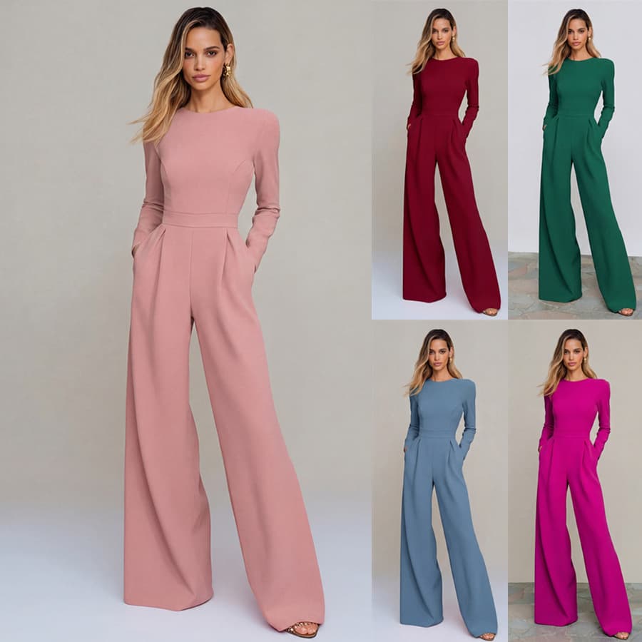 Round-neck Long-sleeved Waist-cinching Jumpsuit For A Chic Professional Look