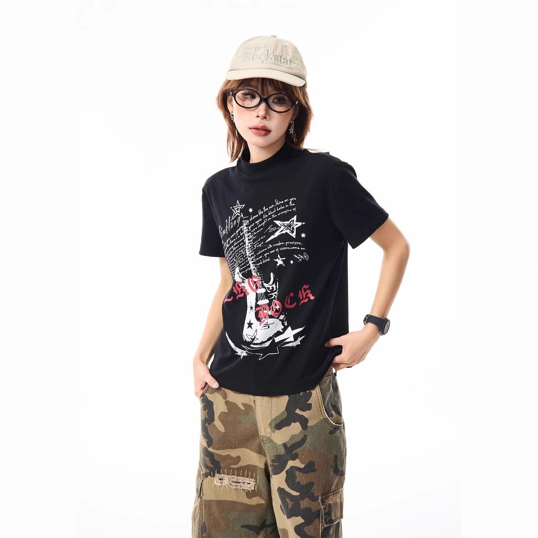 Guitar-shaped Shoulder Short-sleeve T-shirt For Women