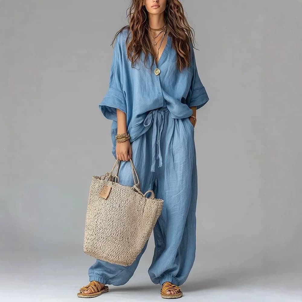 Womens Casual Relaxed-fit Set With Wide Cuffs And Three-quarter Sleeves