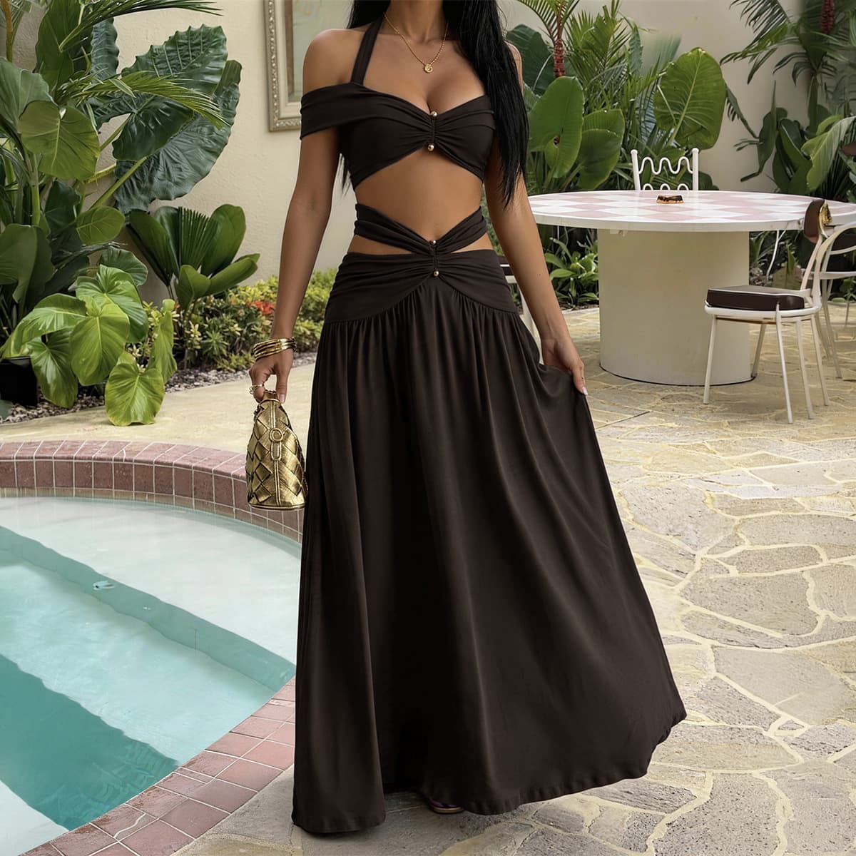 Womens One-shoulder Long Beach Dress Set