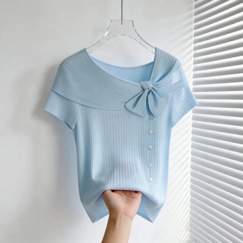 New Summer Thin Underlayer French-style Lightweight Blue Knit Top