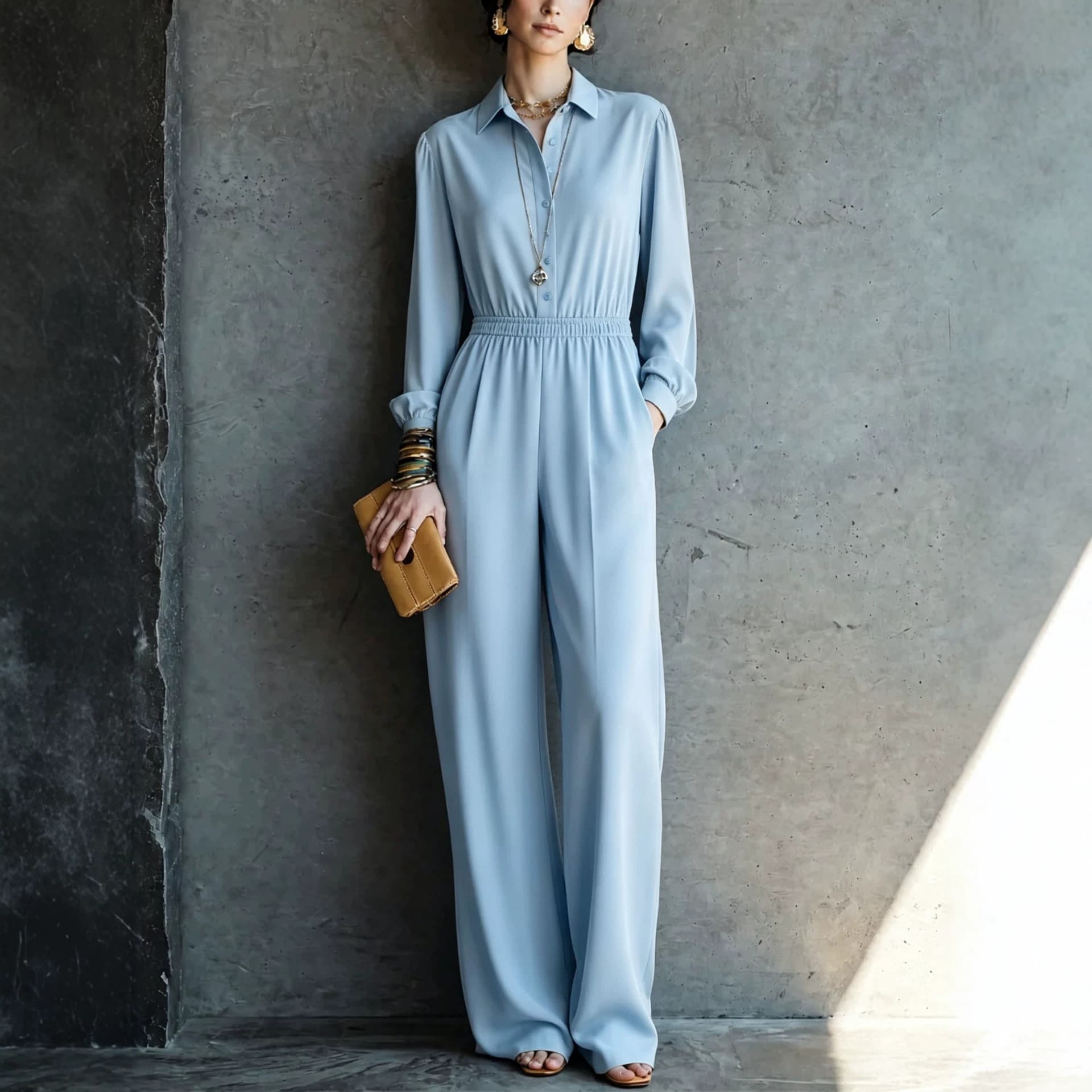 Shirt Collar Button Long Sleeve High-waisted Trousers Casual Style Solid Color Pocket Jumpsuit