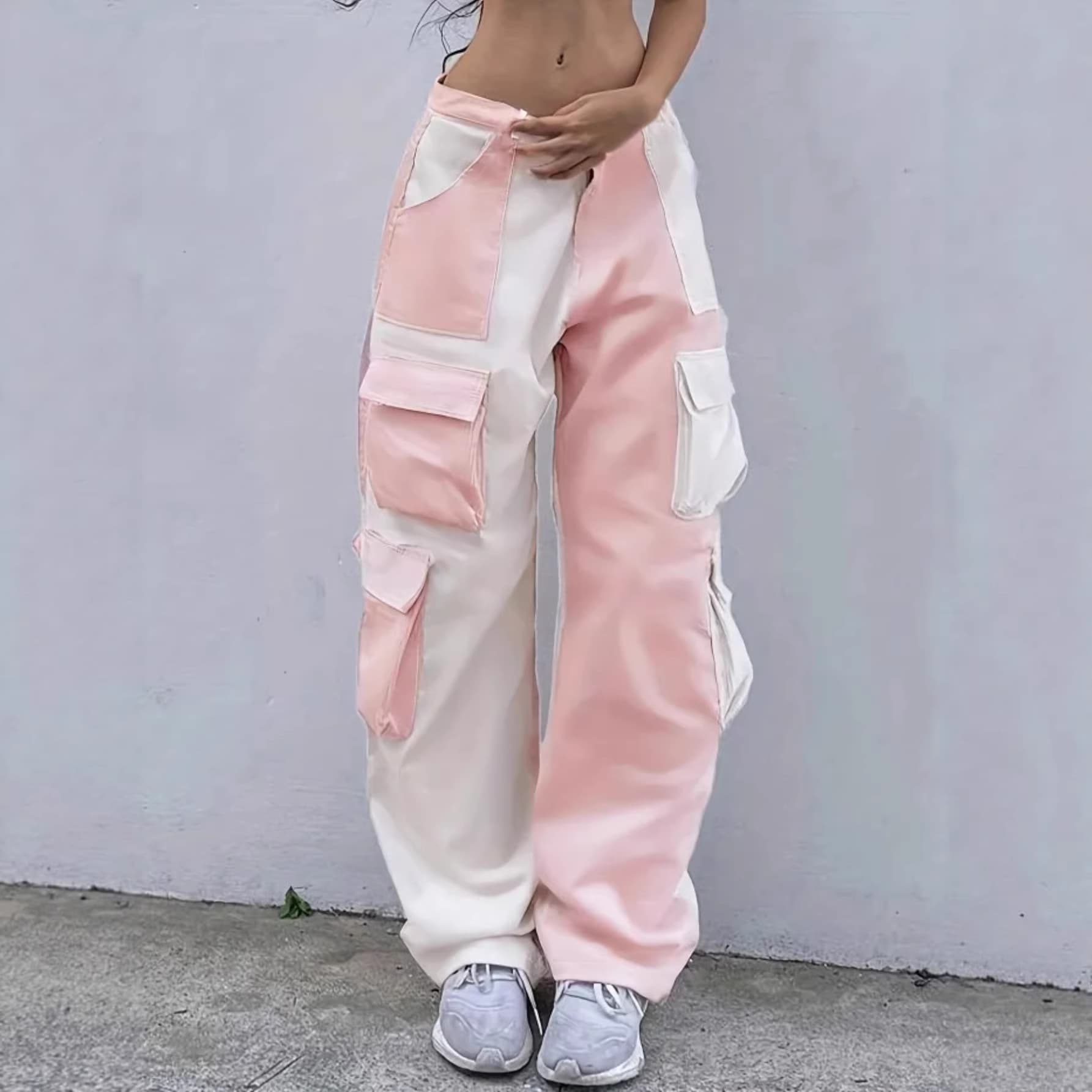 Color-blocked Loose Straight-leg Multi-pocket Pants