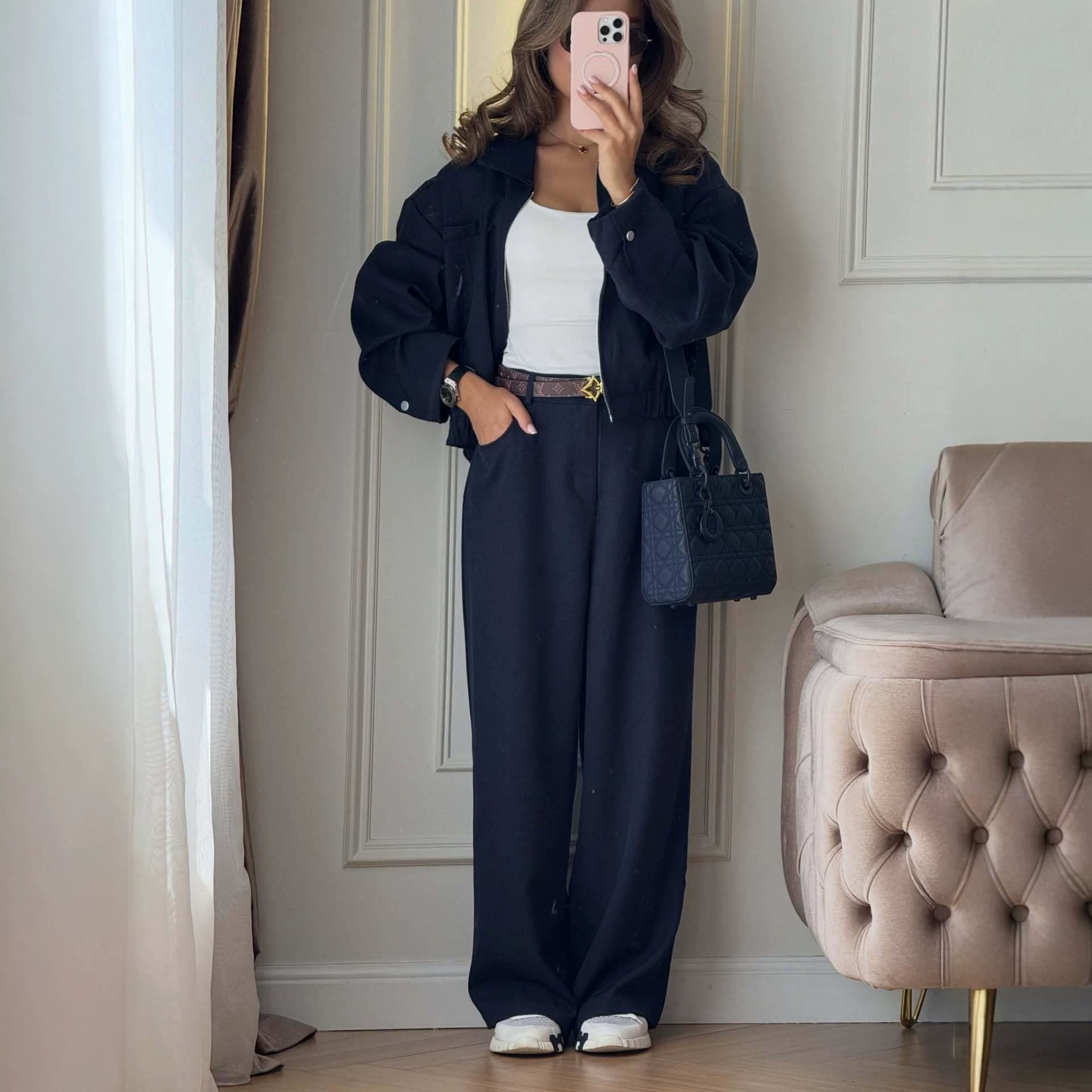 Fashionable Casual Jacket Cropped Outerwear And High-waisted Pants Set
