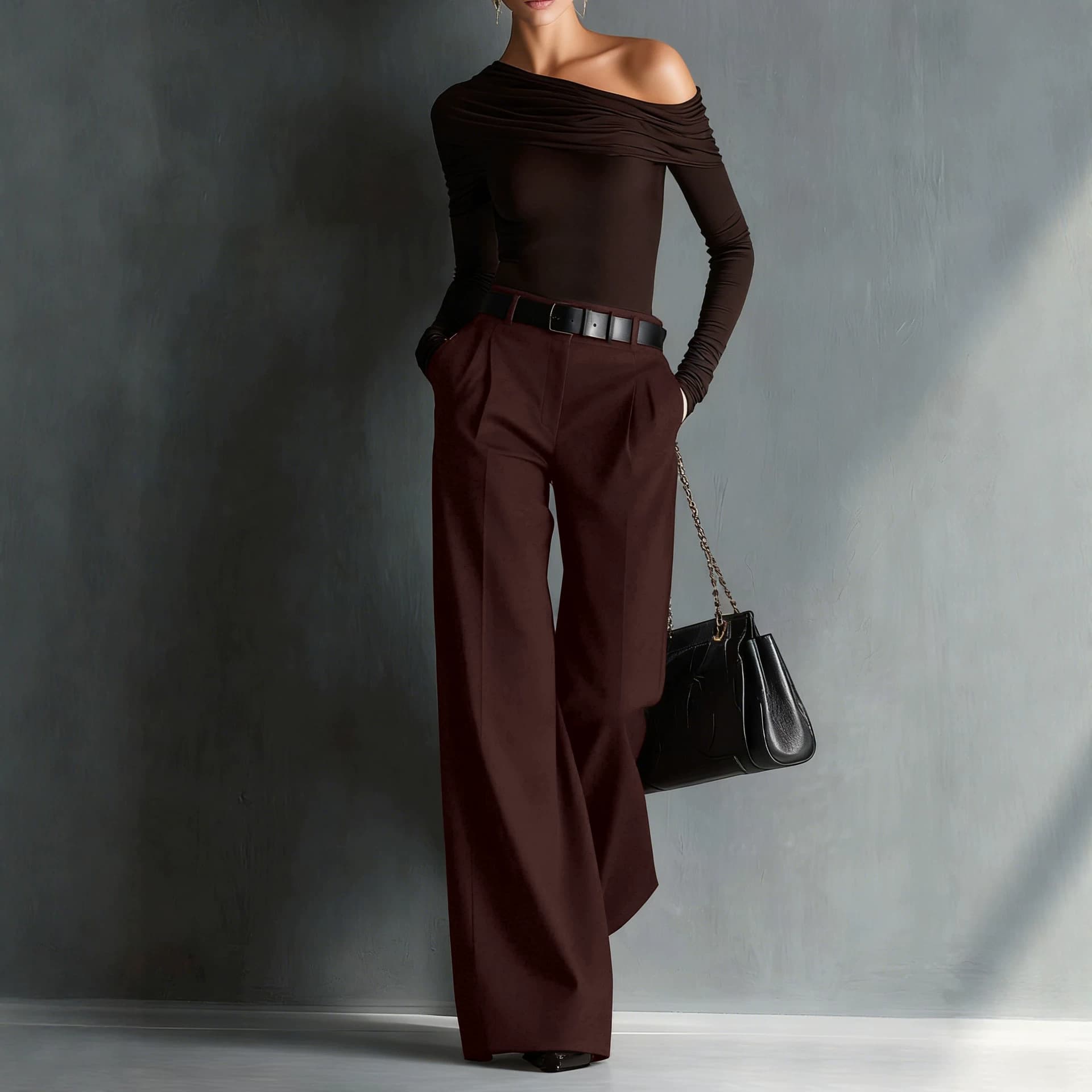 Womens Solid-color Figure-flattering Straight-leg Mid-rise Wide-leg Pants
