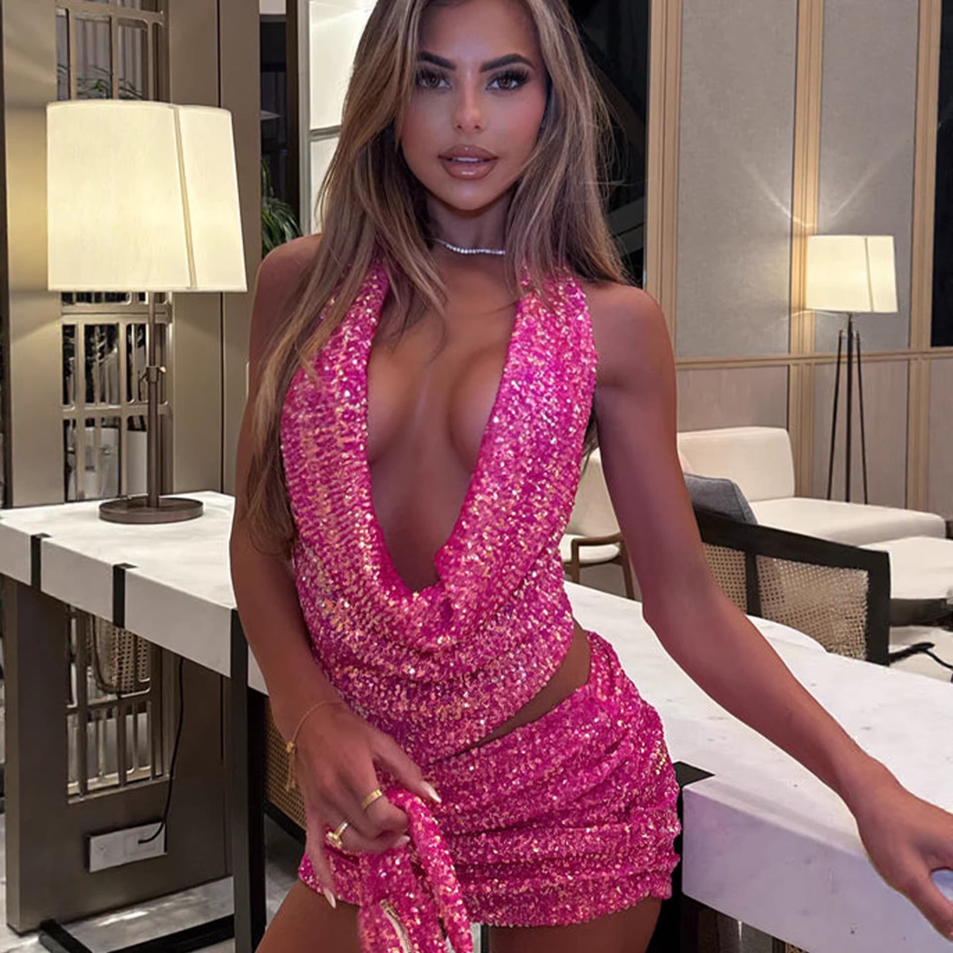 Sequin Halter-top And Sheath Mini-skirt Set