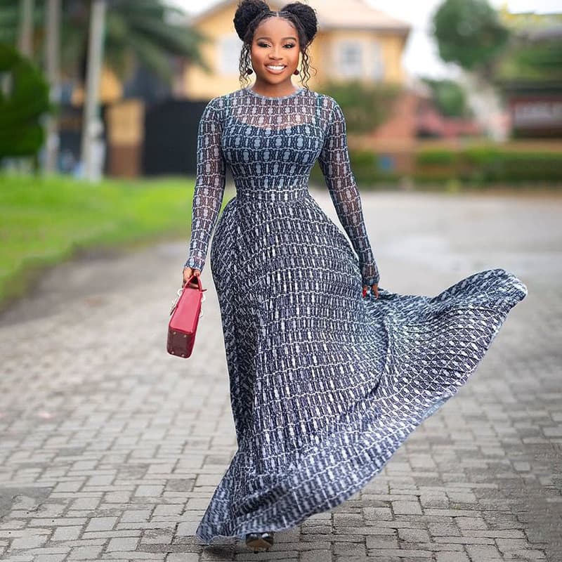 Street A-line Dress With Round Neck And Long Sleeves Slightly Sheer