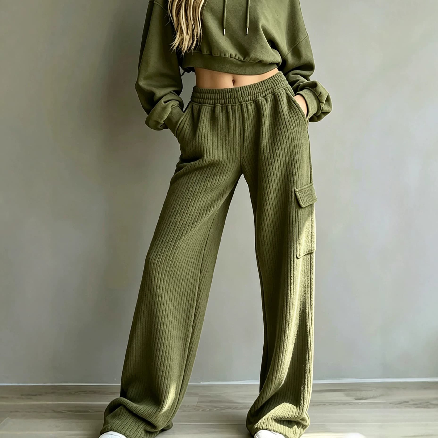 High-waisted Drawstring Ribbed-look Utility Wide-leg Sweatpants