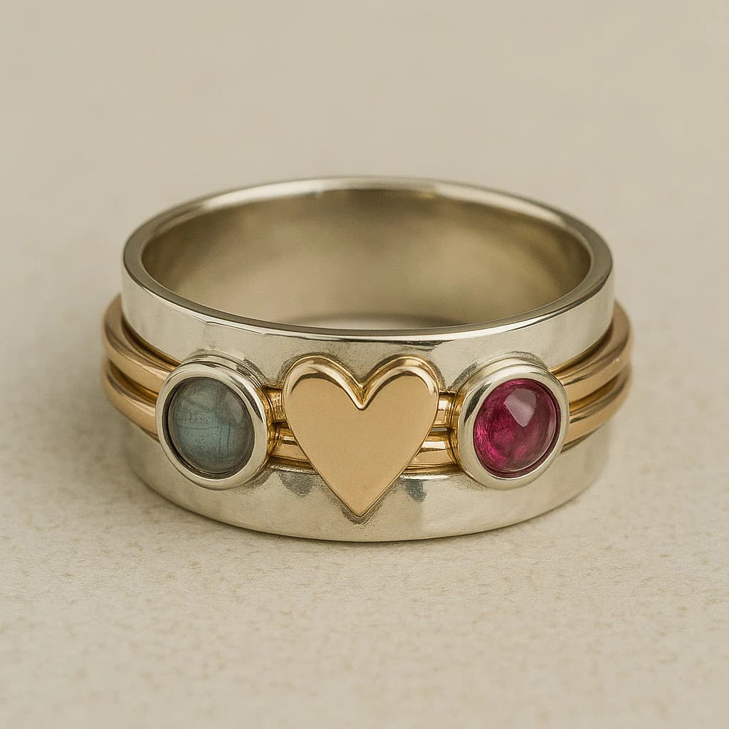 Retro Gold And Silver Color Block Heart Inlaid Colorful Gemstone Double Stone Ring