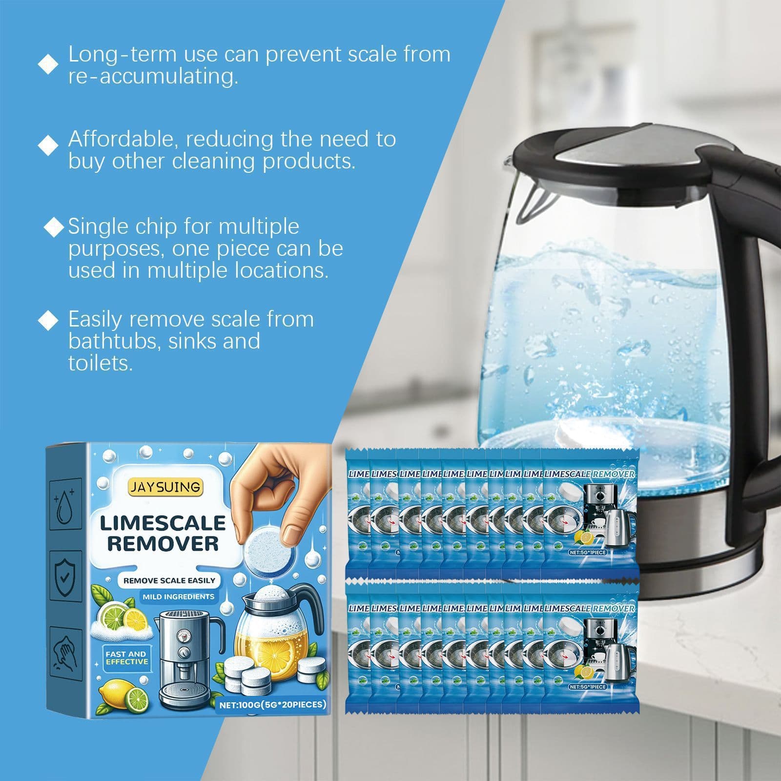 Jaysuing Multi-Purpose Descaling Effervescent Tablets, Water Scale Cleaning Effervescent Tablets, Electric Kettle Water Scale Cleaning And Descaling Tablets