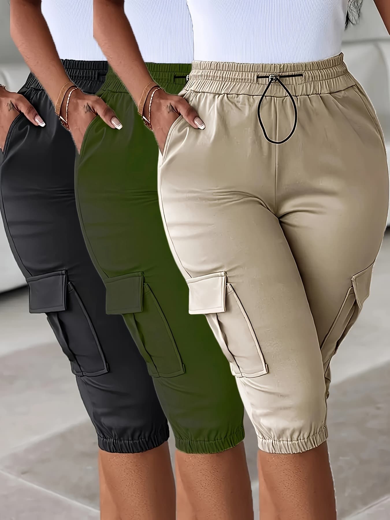 European And American Cross-Border Summer New Elastic Waist Slim-Fit Casual Multi-Pocket Solid Color Cropped Pants