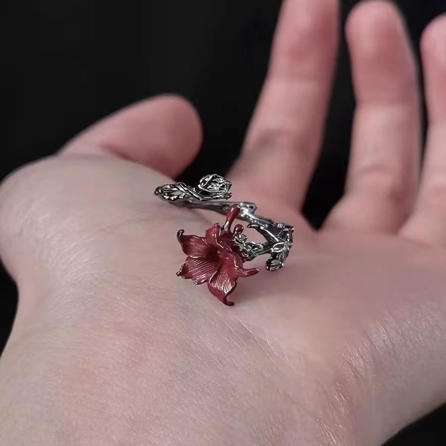 Cliff Solitary Bloom Dark Gothic Mandala Ring, Retro Niche Design Open Adjustable Index Finger Ring