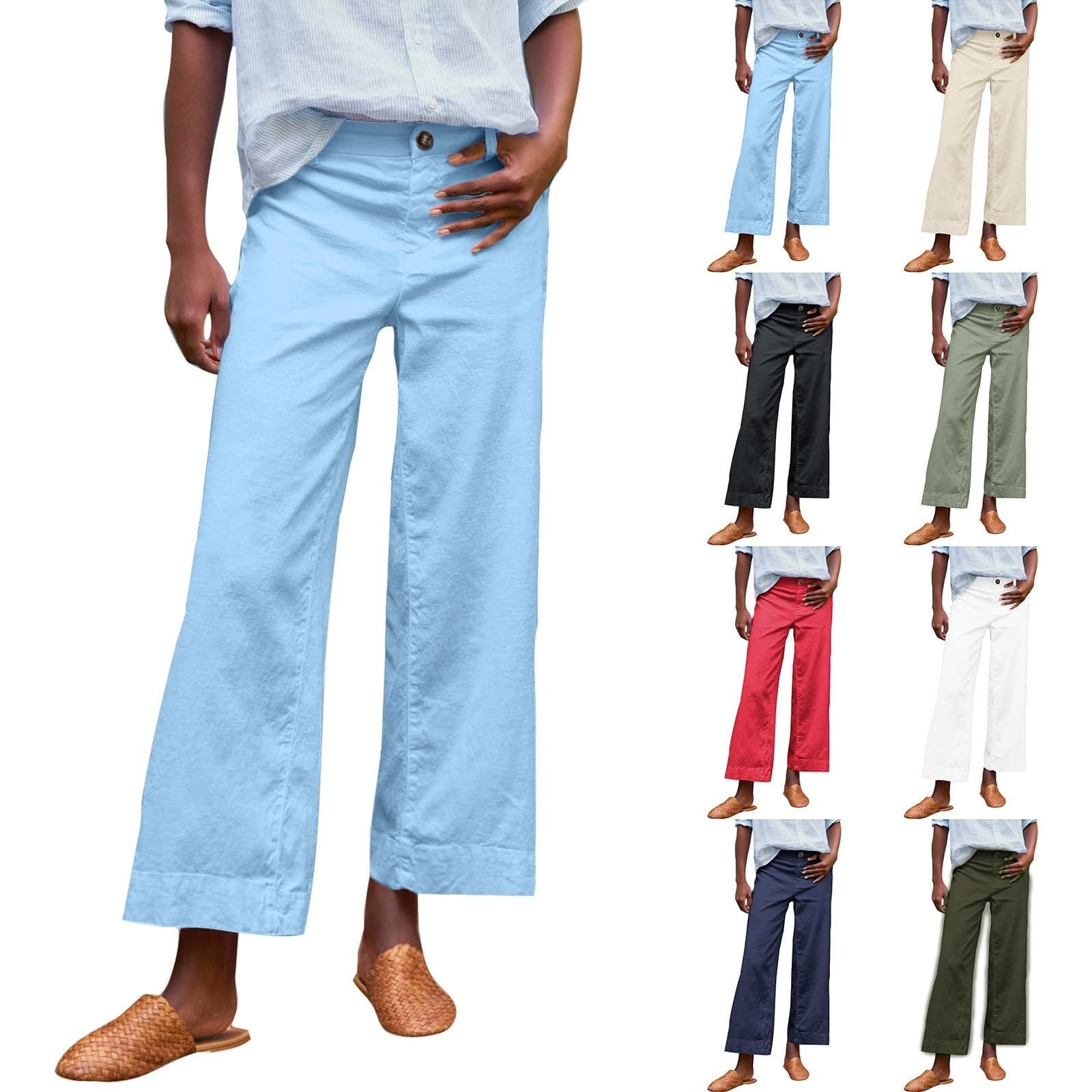 N European And American Women's High Waist Button Waist Solid Color Nine-point Micro-pull Loose Wide-leg Women's Pants