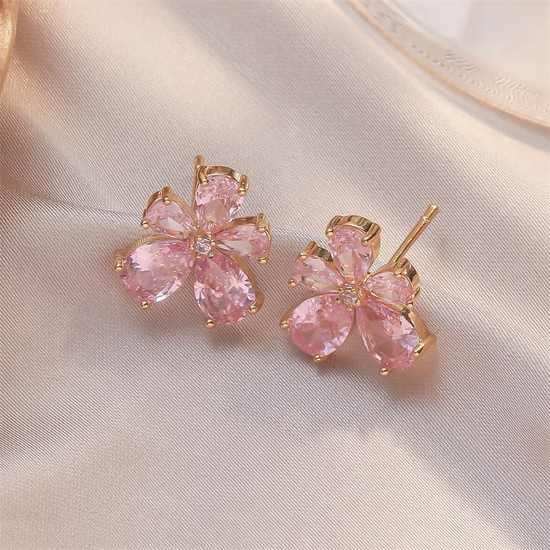 Women 5-Petal Flower Stud Earrings, Pear Cut Clear Cubic Zirconia Rhodium Plated Bridal Ear Jewelry