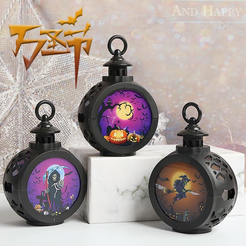 Halloween Pumpkin Lantern Cross-border New Round Lamp Portable Nightlight Horror Atmosphere Cloth Witch Skull Ornaments Props