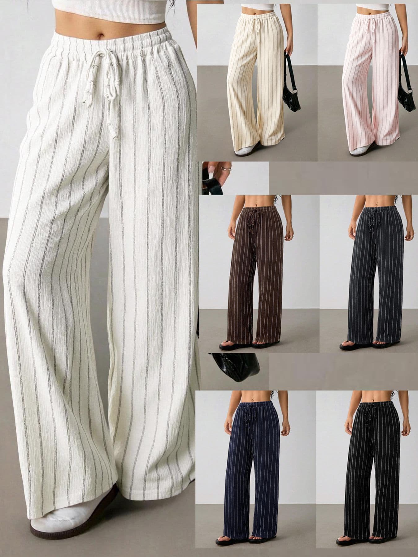 New Cross-Border European And American Casual Loose Striped Drawstring Elastic Waist Color-Block Multi-Color Wide-Leg Pants For Women