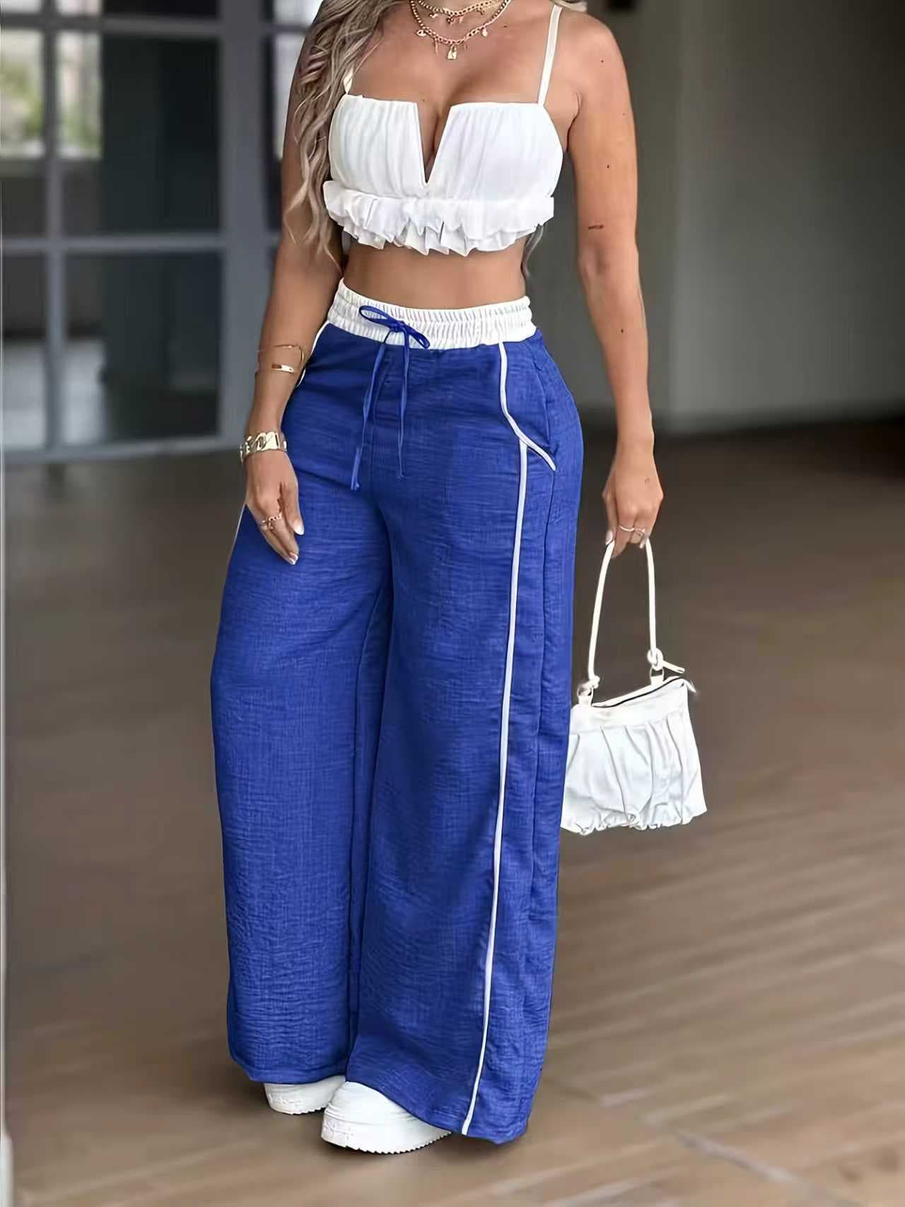 Cross Border Women's Fashion Casual Pants Color Blocked High Waisted Straight Wide-Leg Pants With Pockets