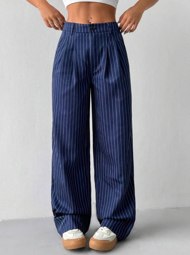 Madam Blue Striped European And American Cross-Border Casual Commuting Loose Wide-Leg Casual Pants Trousers