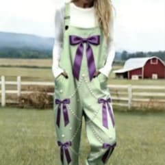 Womens Printed-Button Casual Suspender Pants