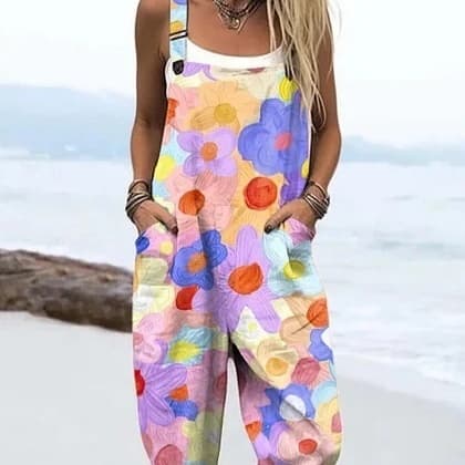 Womens Printed Loose-Fit Suspender Pants With Pockets