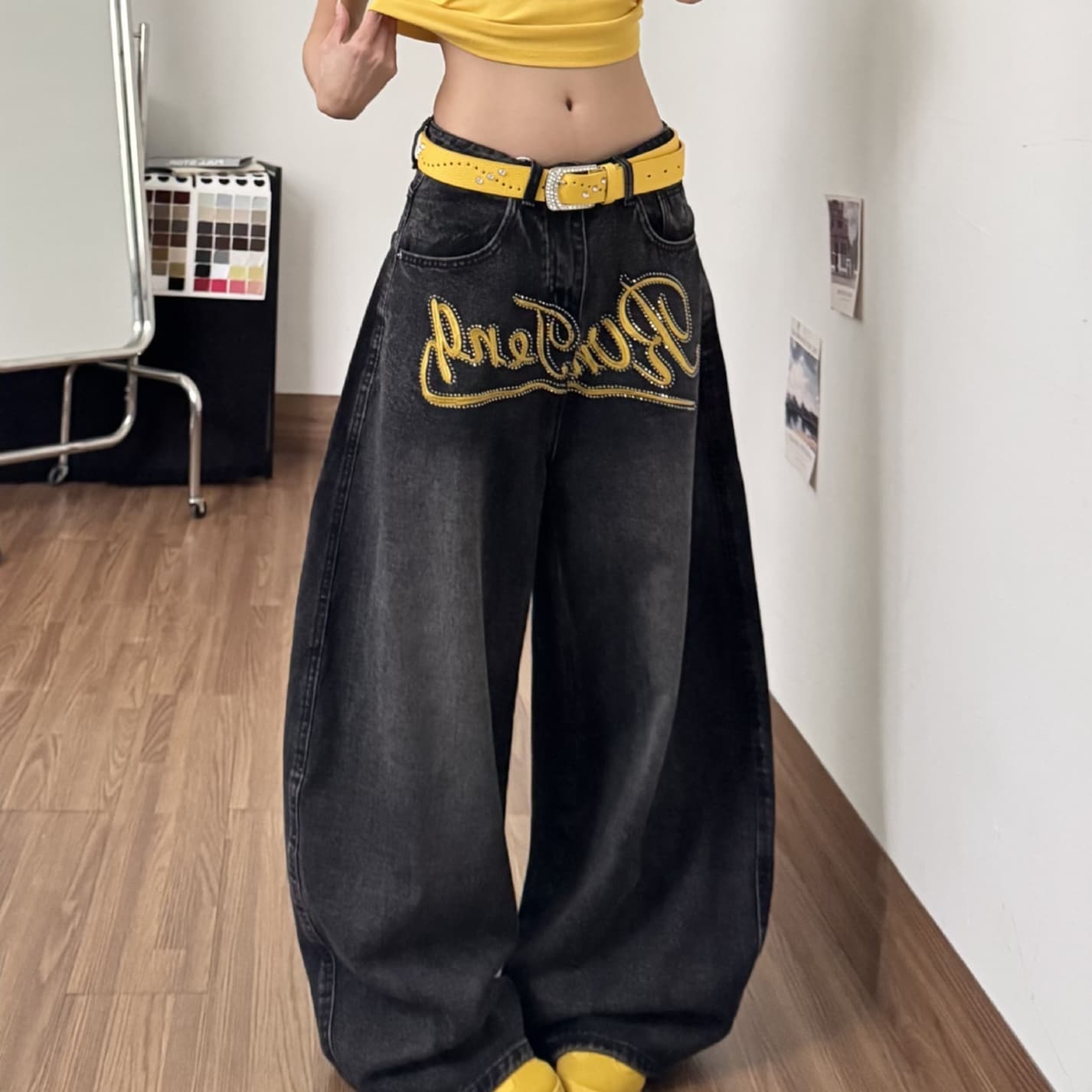 Hot-Stone Letter Embroidery Denim Jeans For Women
