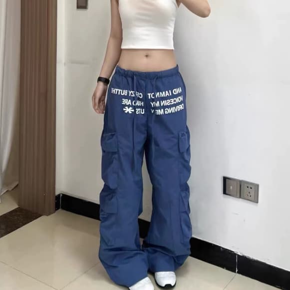 Womens Elastic-waist Street-style Letter-print Loose-fitting Quick-dry Pants
