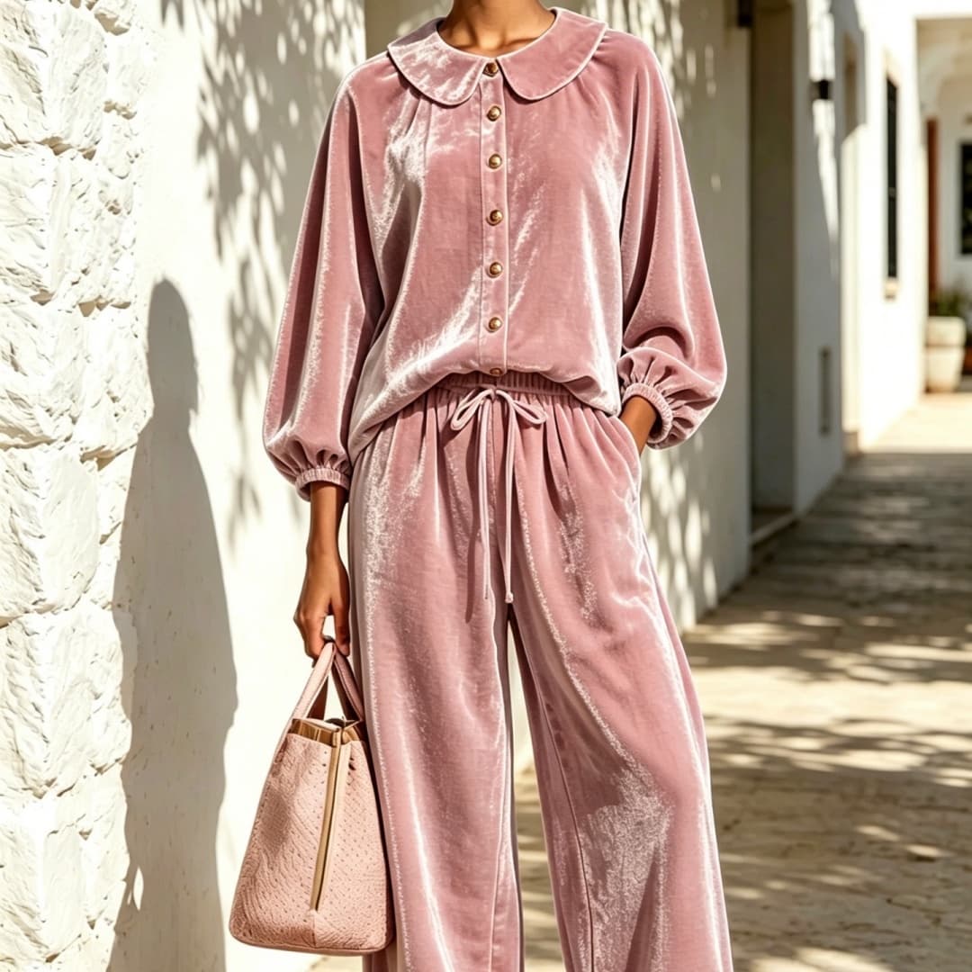 Womens Lantern-Sleeve Top And Wide-Leg Pants Set