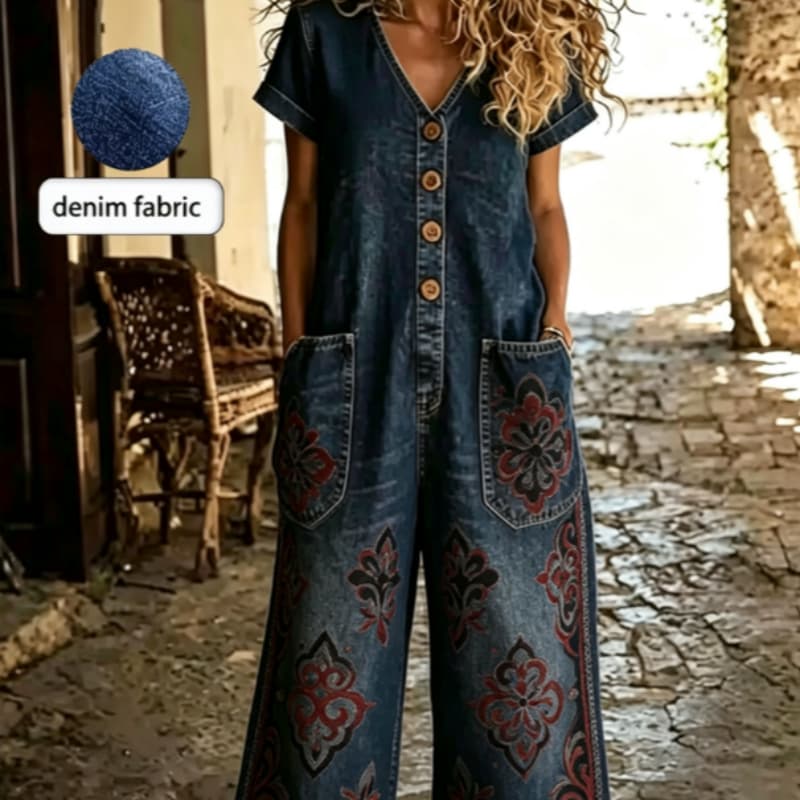 Buttoned Pockets Comfortable Short Sleeves Casual One-piece Wide-leg Jumpsuit