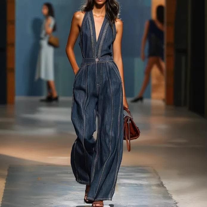 Womens Casual Retro Sleeveless Wide-Leg Denim Jumpsuit