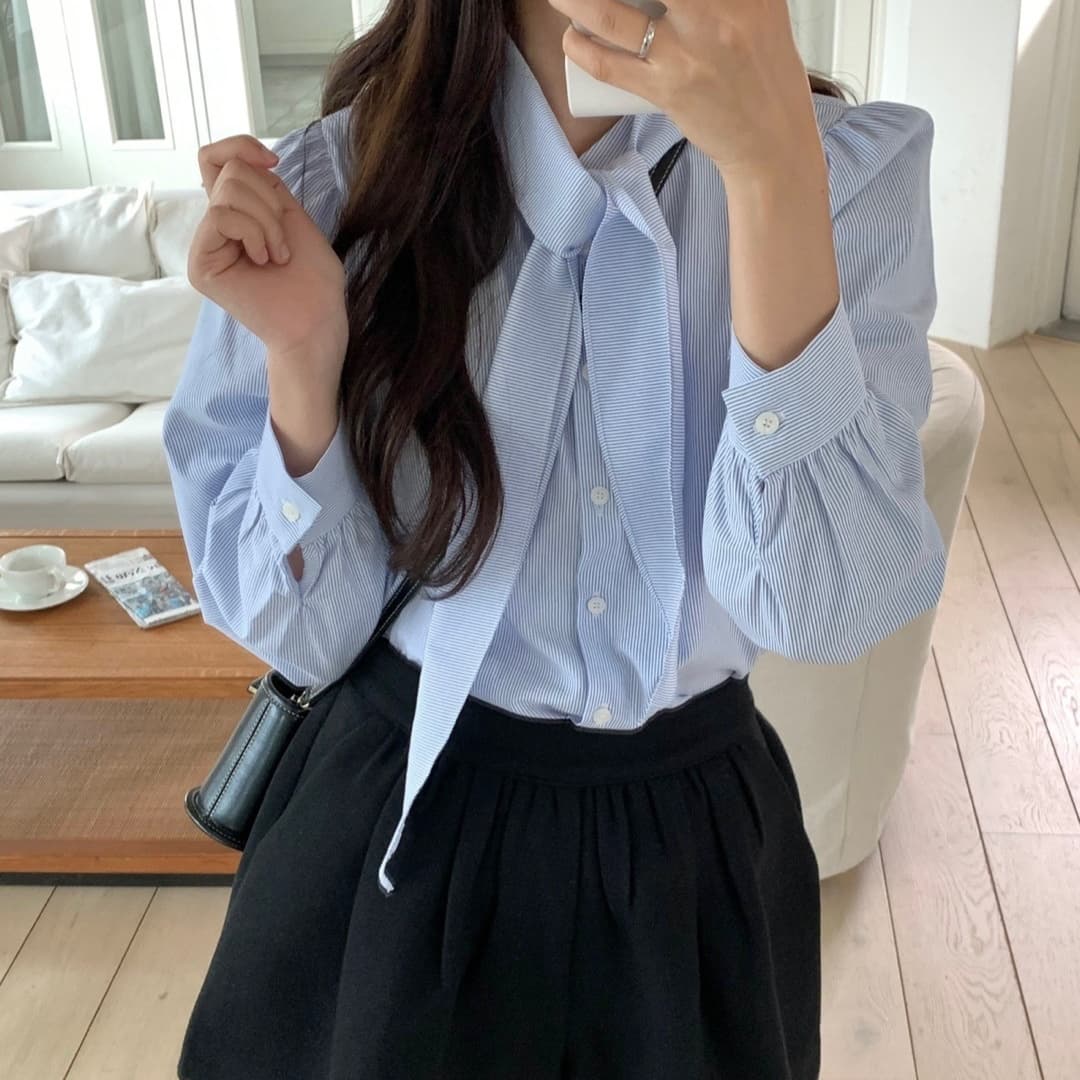 Early Autumn Ribbon-Trimmed Single-Breasted Long-Sleeve Striped Shirt