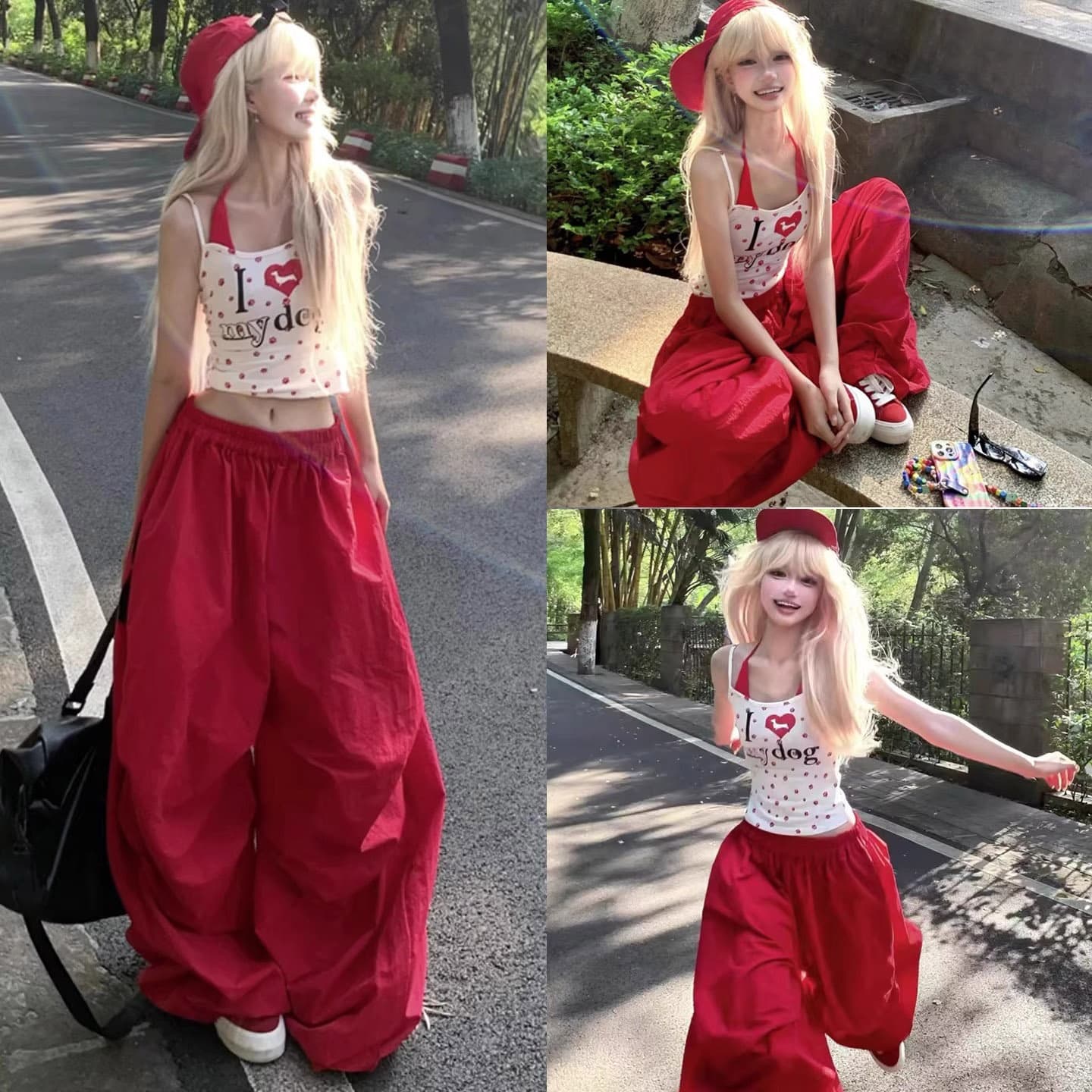 Lightweight Casual American-style Relaxed-fit Parachute Wide-leg Pants For Petite Figures