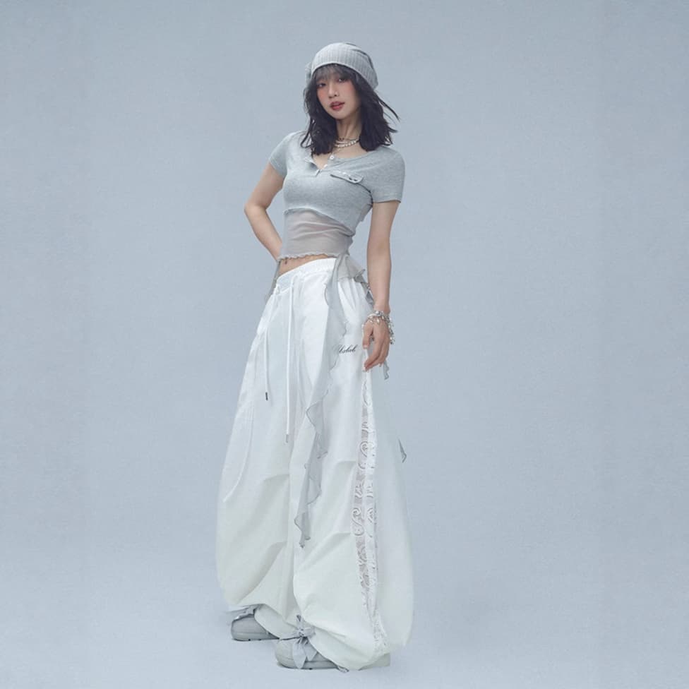 American-style Summer Women's Lace-mesh Spliced Wide-leg Pants