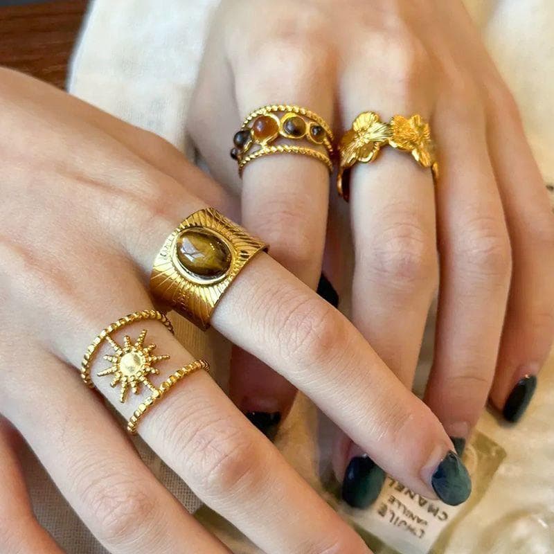 Ancient Tigers Eye Flower Ring Set