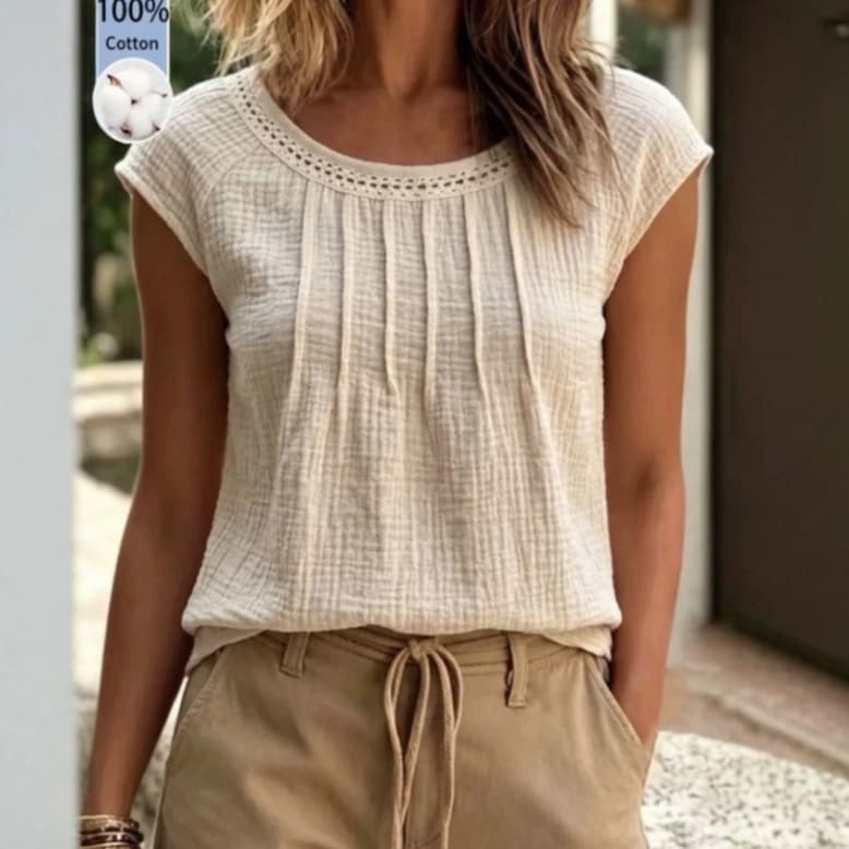 Casual Hollow-out Crew-neck Top With Bishop Sleeves