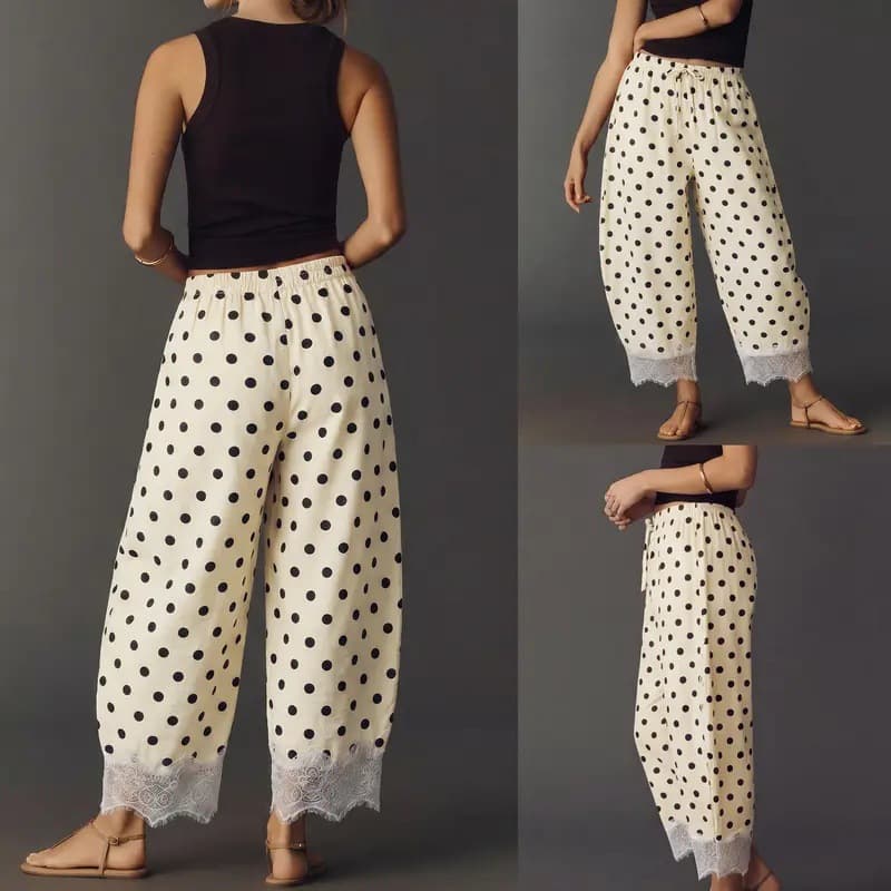 Womens Polka-dot Relaxed-fit Casual Lace-trimmed Wide-leg Pants
