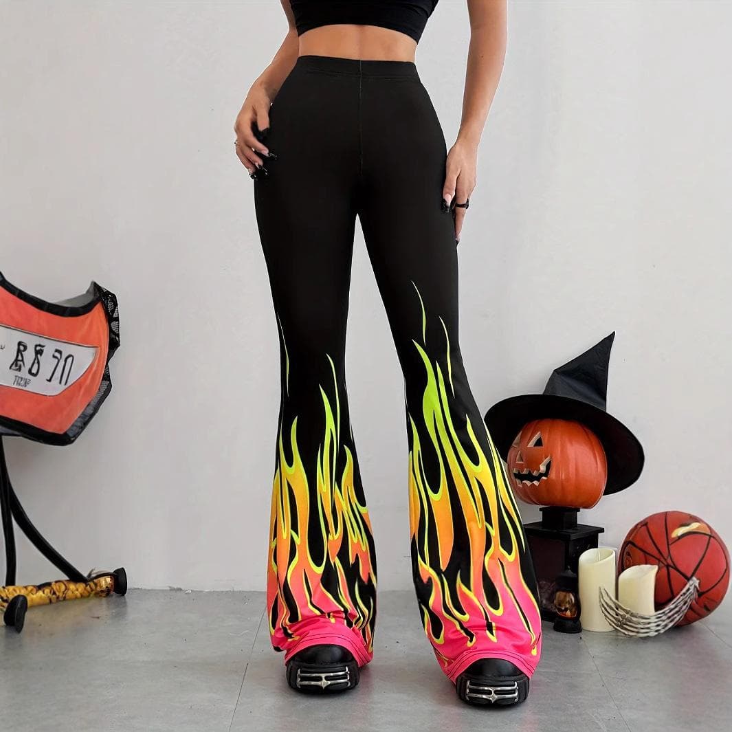 Womens Flare Pants With 3D Digital Flame Print