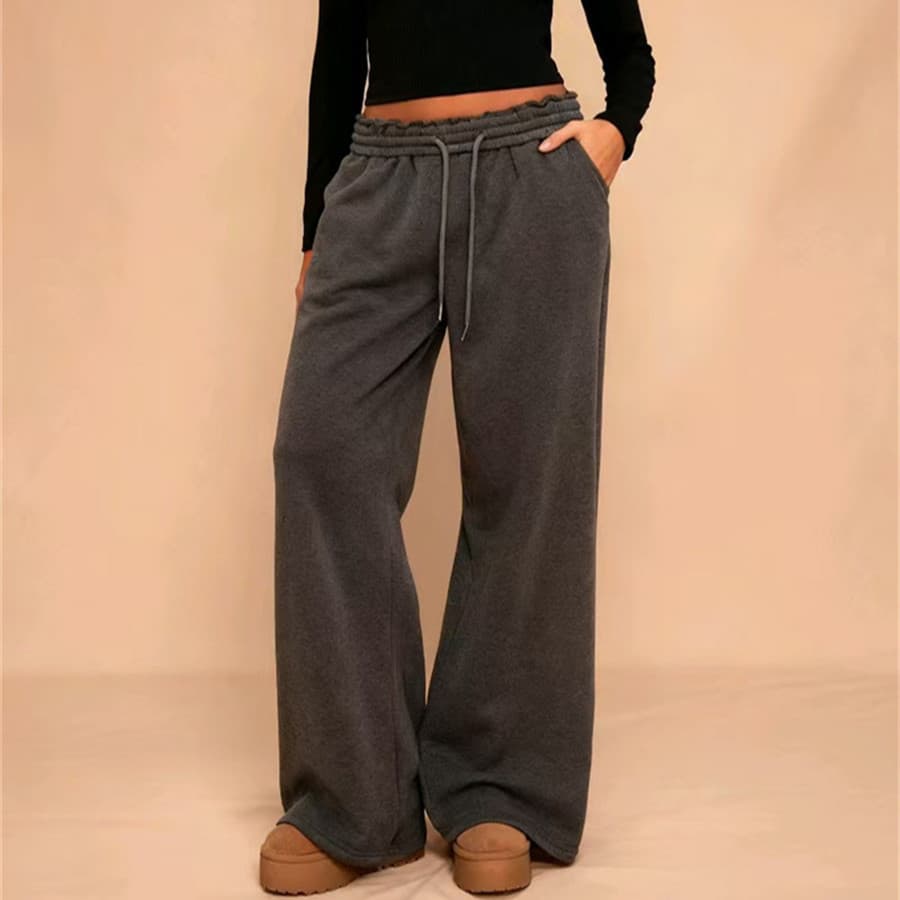 Womens Elastic Fleece-lined Wide-leg Casual Trousers