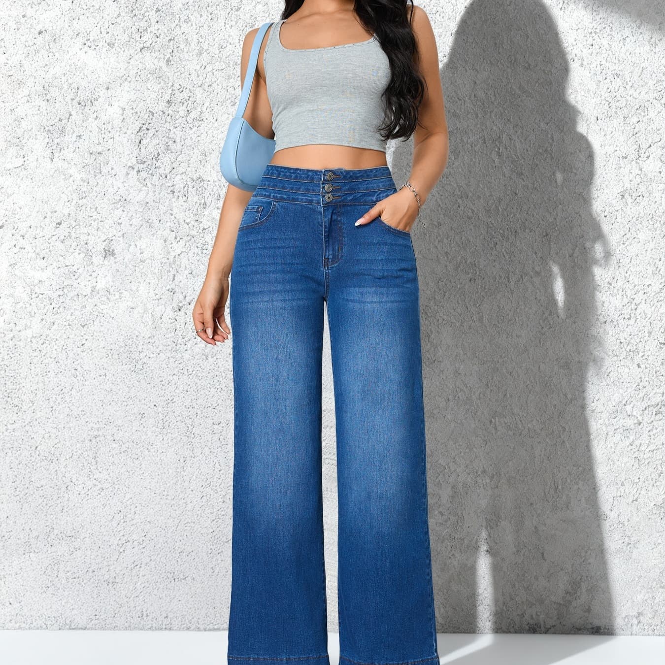 Womens Wide-leg Pants, Loose-fitting Stretchy Denim Straight-leg Trousers