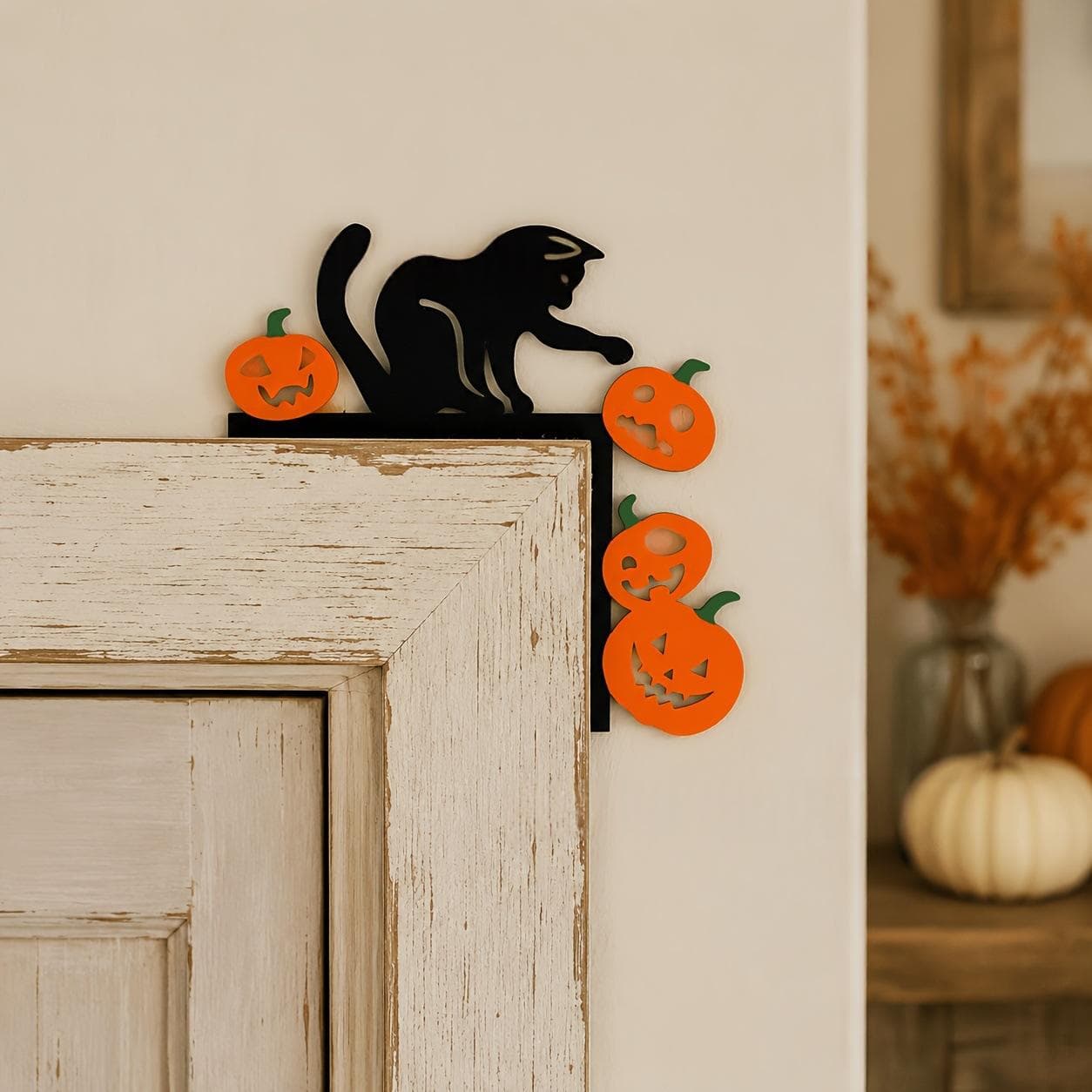 Retro Black Cat And Pumpkin Door Corner Decoration