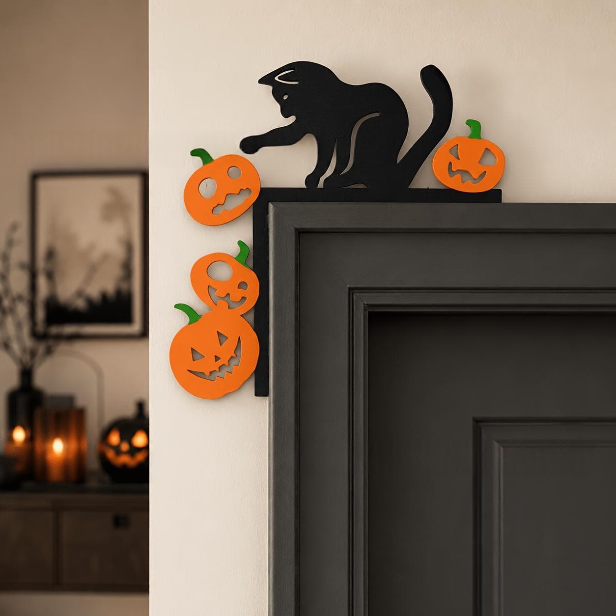 Retro Black Cat And Pumpkin Door Corner Decoration
