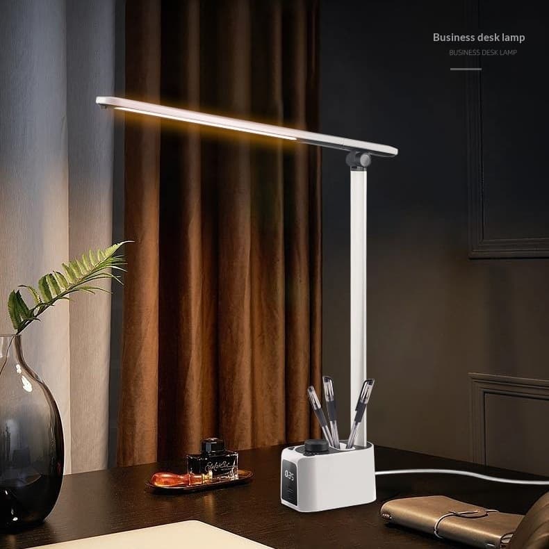 USB-Charging Eye-Care Desk Lamp With Clock And Pen Holder Stand
