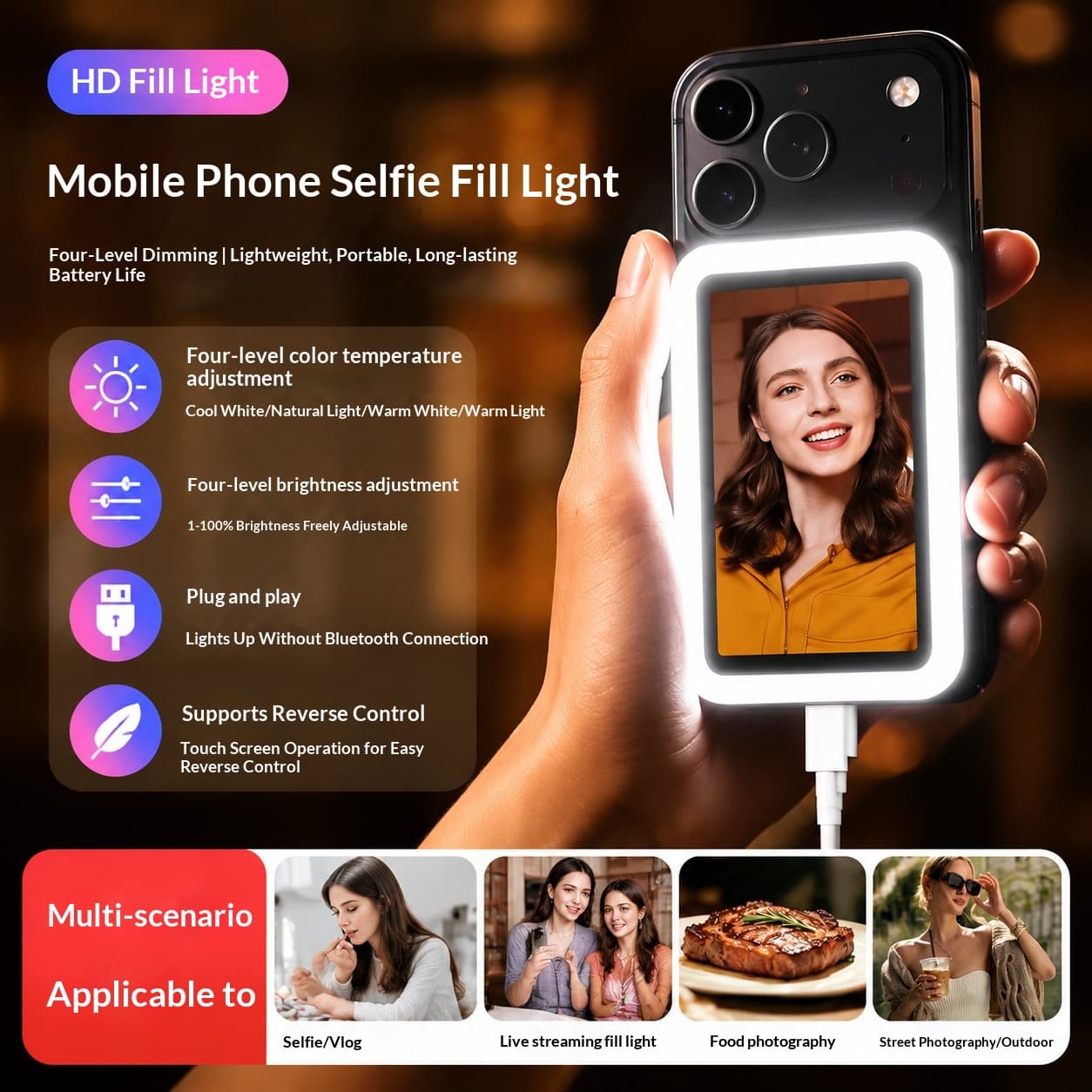 Fill-light Lamp With Audio Function For Mobile Phone Selfie And Screen Mirroring
